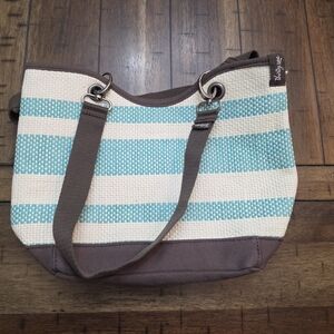 Thirty-one Teal and Cream Striped Tote with Brown Trim